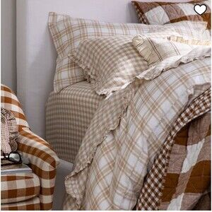 West Elm Heather Taylor Home Mini Gingham Linen Ruffle Sheet King Top/ 2 Cases